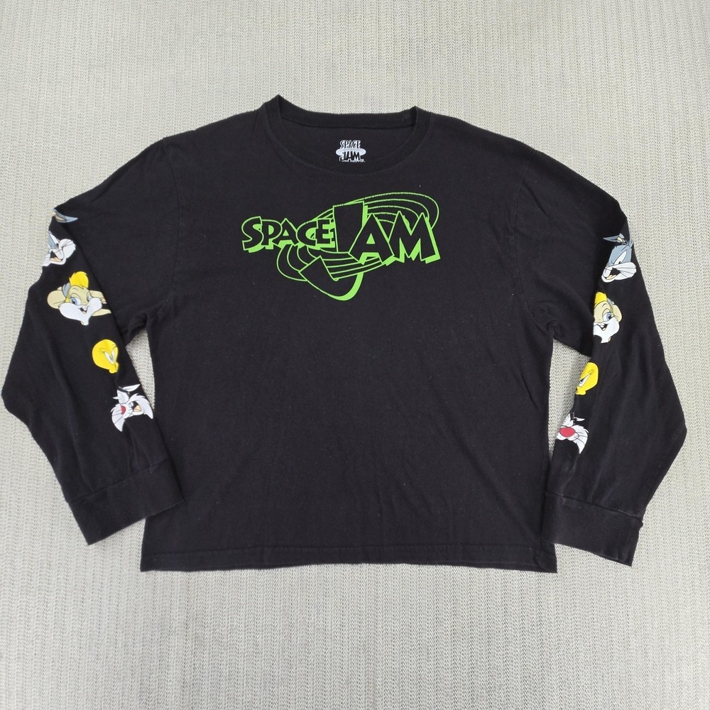 Space Jam Shirt Womens XL Black Long Sleeve Cropped Looney Tunes Graphic‎ Tee